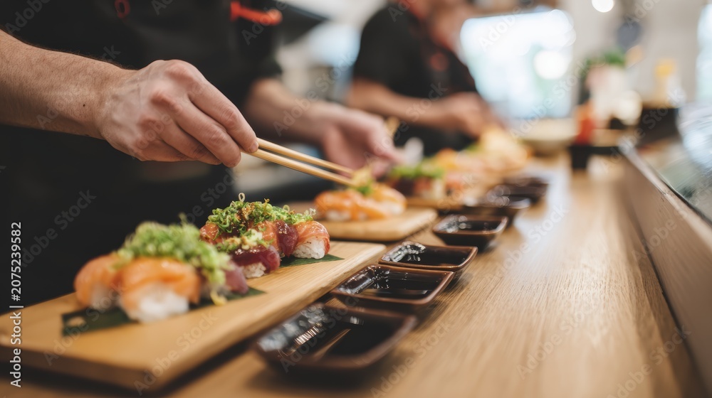 Fototapeta premium Chef artfully arranging sushi on wooden boards in a modern restaurant setting