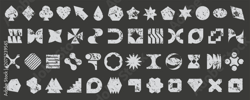 Distressed white geometric symbol collection in grunge geometric brutalism style with rough textured shapes, card suit signs, stars, arrows, polygons, modular marks and bold decorative forms.
