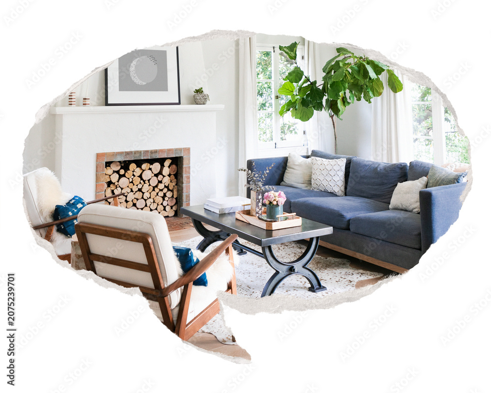 Obraz premium Png cozy interior living room sticker, ripped paper speech bubble, transparent background