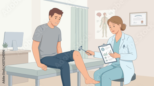 Doctor checking patient's knee reflex with reflex hammer in examination room
