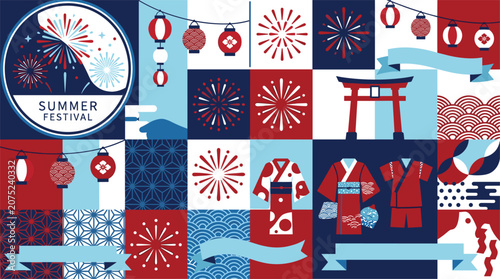 Japanese summer festival vector illustration set with traditional yukata kimono torii gate lanterns fireworks and patterns