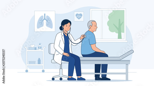 Doctor examining elderly patient with stethoscope in clinic room, health checkup