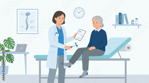 Doctor examining elderly patient's knee reflex in clinic examination room.