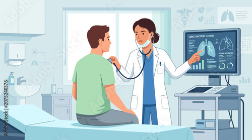 Doctor examining patient, medical diagnosis on screen, cartoon illustration