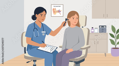 Doctor examining patient's ear with otoscope in clinic examination room