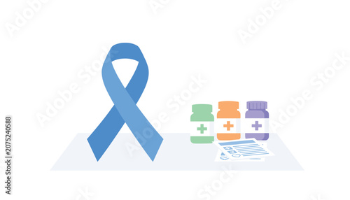 Light blue awareness ribbon placed next to medicine bottles and medical chart to represent health awareness and disease prevention campaign.