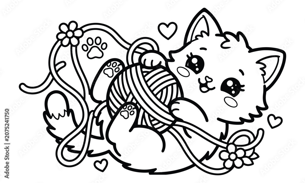 Naklejka premium Cute Kawaii Kitten Playing with Yarn Ball Cartoon Line Art Coloring Page Vector Illustration