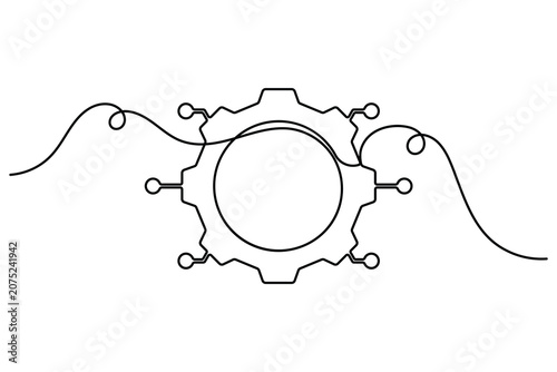 Cogwheel gear automation connect icon sign continuous one line drawing on white background minimalist protect monitoring and improvement symbol doodle illustration