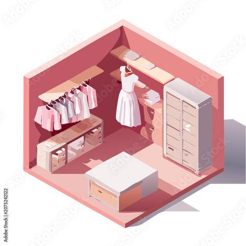 Isometric view of a pink dressing room interior.