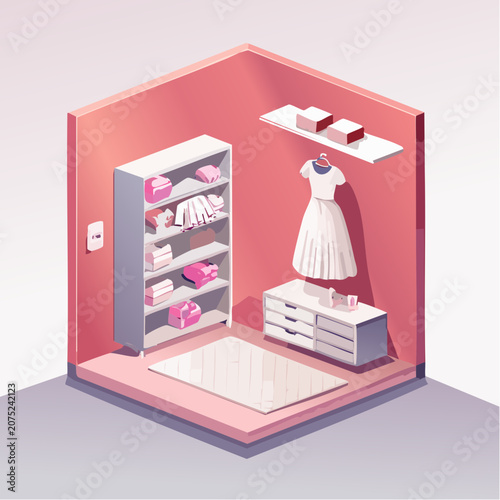 Isometric illustration of a pink dressing room.