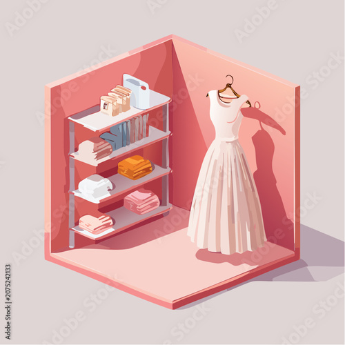 Isometric illustration of a pink closet with dress and shelves.