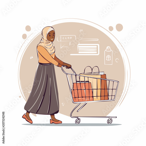 woman pushing shopping cart with colorful bags.