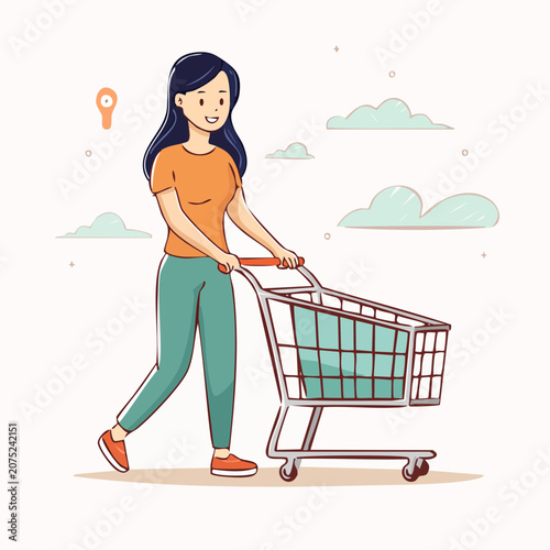 Woman pushing shopping cart outdoors.