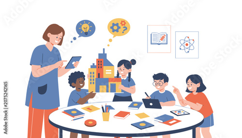 Teacher assisting elementary students with a 3D architectural model and digital tablets in a collaborative classroom learning and science experiment.