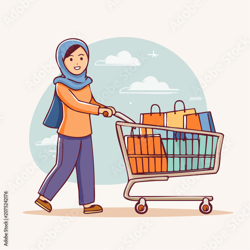 Woman pushing shopping cart filled with colorful bags.