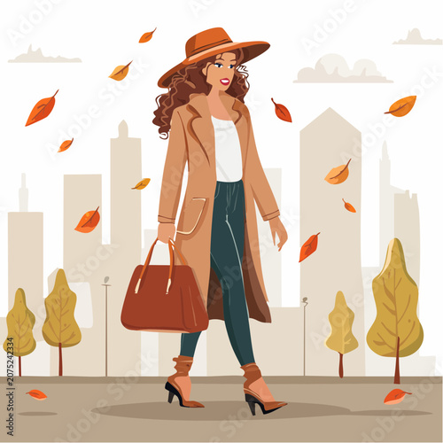 Woman walking in the city during autumn.
