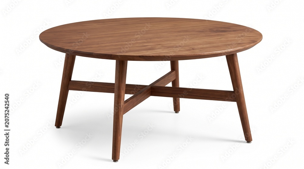 Fototapeta premium Round wooden coffee table isolated PNG on transparent background, mid-century modern furniture for living room interior design