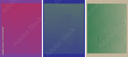 Quadro su tela Abstract kinetic art trio with wavy line patterns in vibrant colors