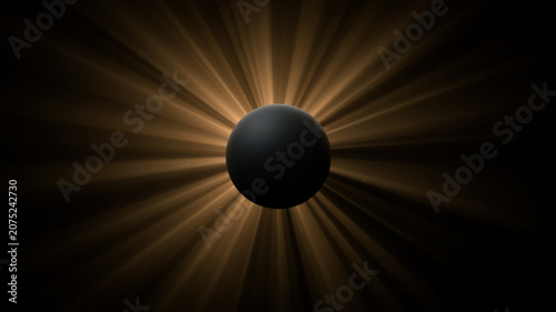 Eclipse with Radiant Sun Rays and Dark Central Sphere in Space Scene