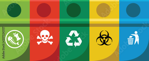 Fotografie Colorful waste separation banner background with five distinct garbage sorting category icons and symbols