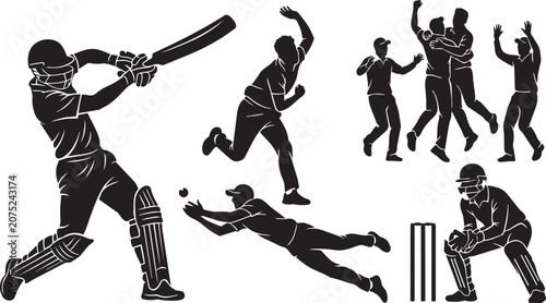 Fényképezés Cricket players in action during a match with dynamic poses and a celebratory gr