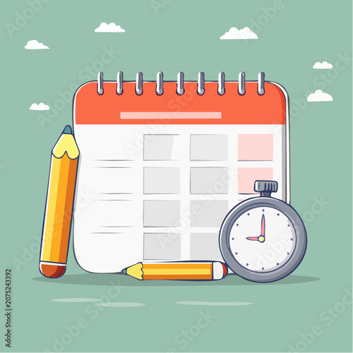 A calendar, pencil, and stopwatch on a green background.