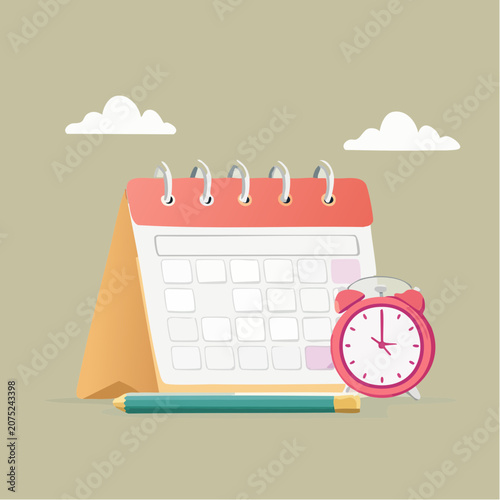 A calendar, alarm clock, and pencil on a table.
