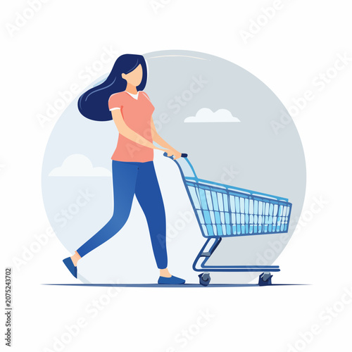 Woman pushing shopping cart outdoors.
