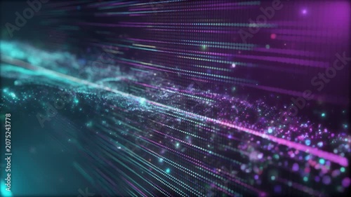 Abstract digital particles and light streaks flowing through a dark, vibrant, futuristic space.