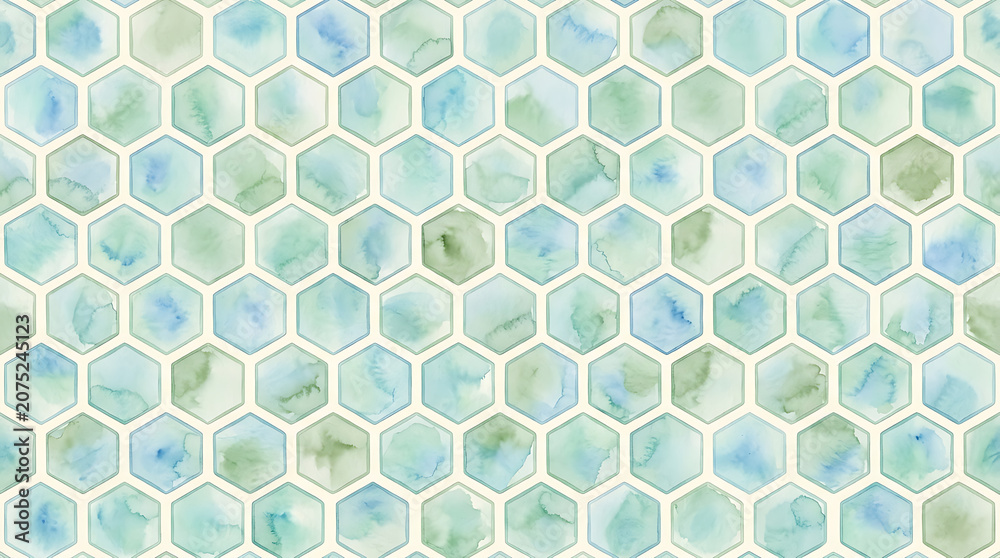 Fototapeta premium Watercolor hexagon pattern in blue and green