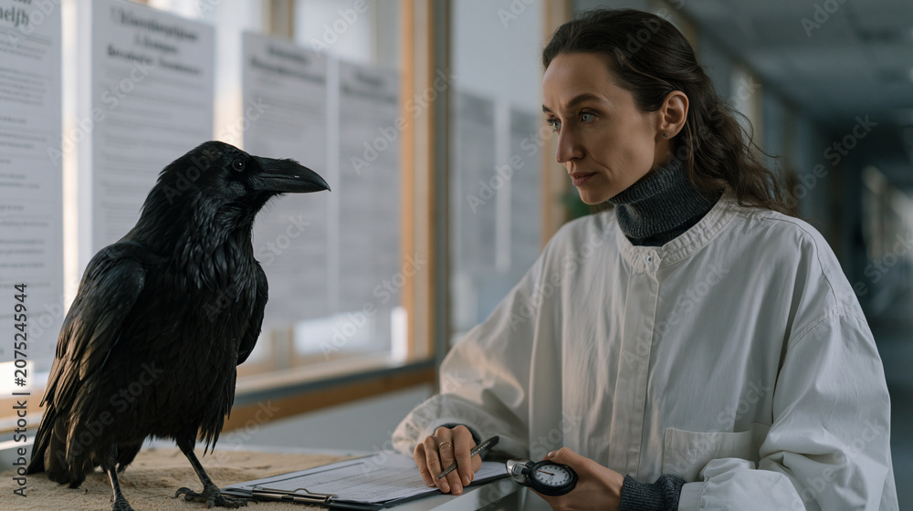 Fototapeta premium Animal cognition researcher presenting a spatial memory task to a raven inside a behavioral research enclosure, stopwatch in hand, data recording sheet attached to a clipboard, university research p