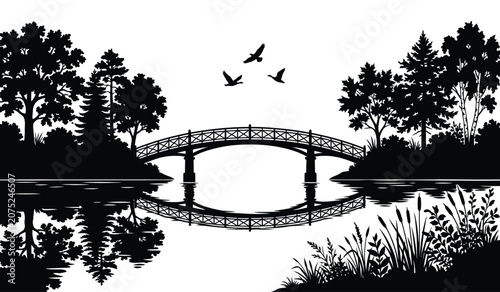 Silhouette of a bridge over a lake with trees and birds