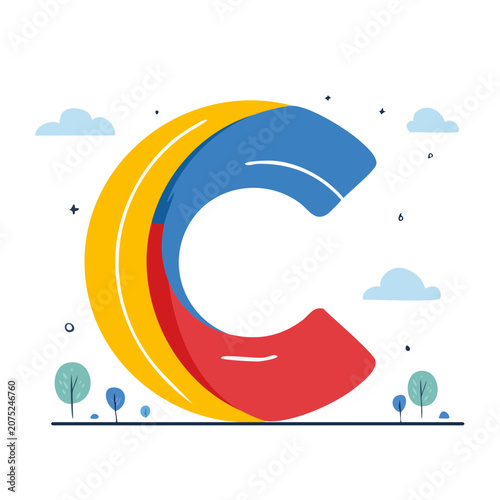 Stylized Letter C with Clouds and Trees