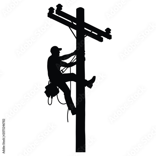 Lineman climbing utility pole silhouette isolated on white background