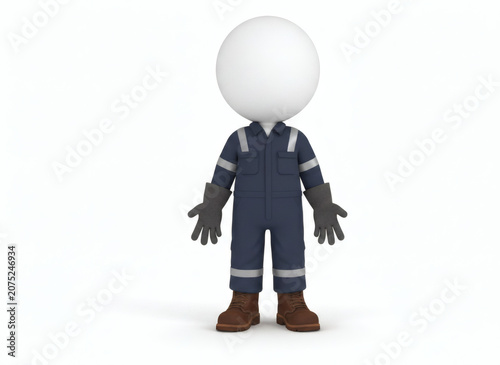 3D rendered character in work uniform with gloves.