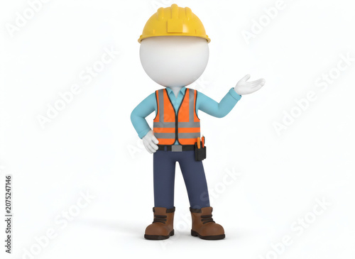 3D character of a construction worker in safety gear presenting.
