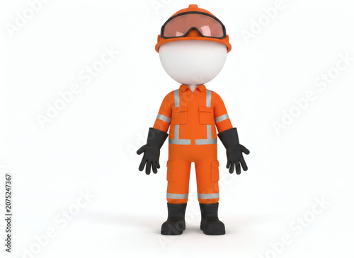 3D stick figure worker in orange safety uniform and hard hat with protective gear.