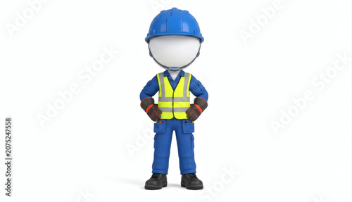 3D cartoon construction worker character wearing safety gear and blue uniform.