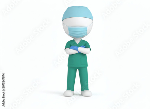3D cartoon doctor wearing scrubs and face mask with arms crossed.