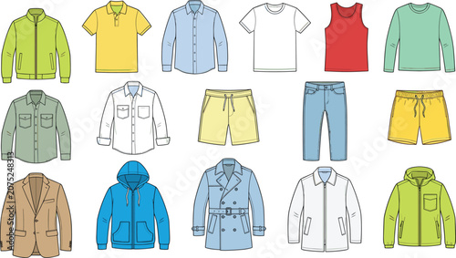 Tableau sur toile Men fashion clothes and casual apparel vector icon set isolated on white backgro