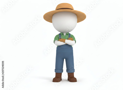 3D Farmer Character with Straw Hat and Overalls Standing Confidently.