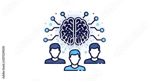 Artificial intelligence and human collaboration, AI brain connected to people icons