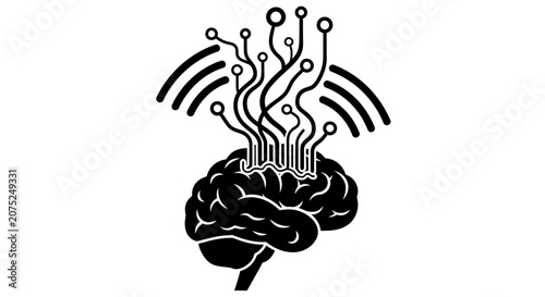Artificial Intelligence Brain Icon with Digital Connections and Waves