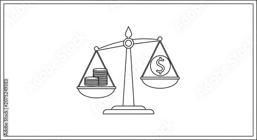 Balance scale with coins and dollar sign coin, representing financial balance and investment