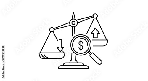 Balance scale with magnifying glass and dollar sign, financial analysis concept
