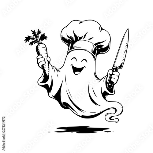 Spooky Chef Ghost: A playful ghost wearing a chef's hat joyfully holds a carrot and a knife, ready to prepare a delicious meal. This illustration captures the fun and whimsical side of cooking.