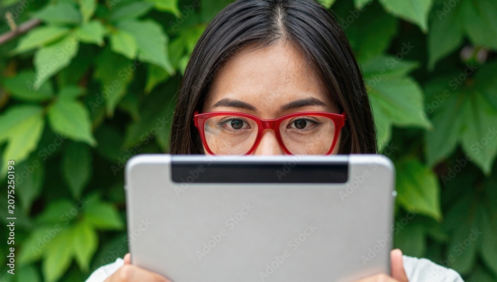 Fototapeta premium Young woman with tablet standing in botanical garden. Copy space.