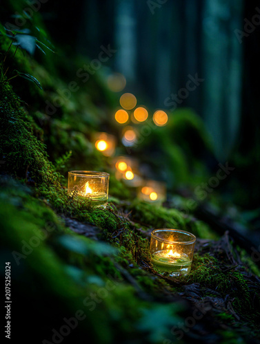 Glowing candles placed on mossy forest ground for mystical atmosphere