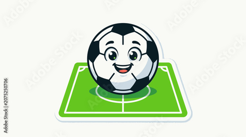 Cute Cartoon Soccer Ball Character on a Green Football Pitch Sticker