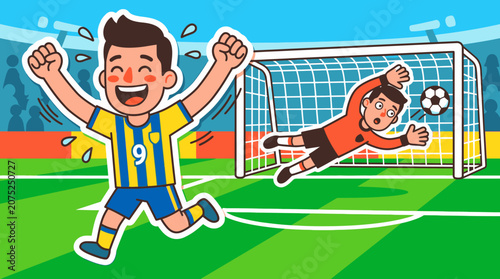 Excited soccer player celebrating a winning goal in stadium